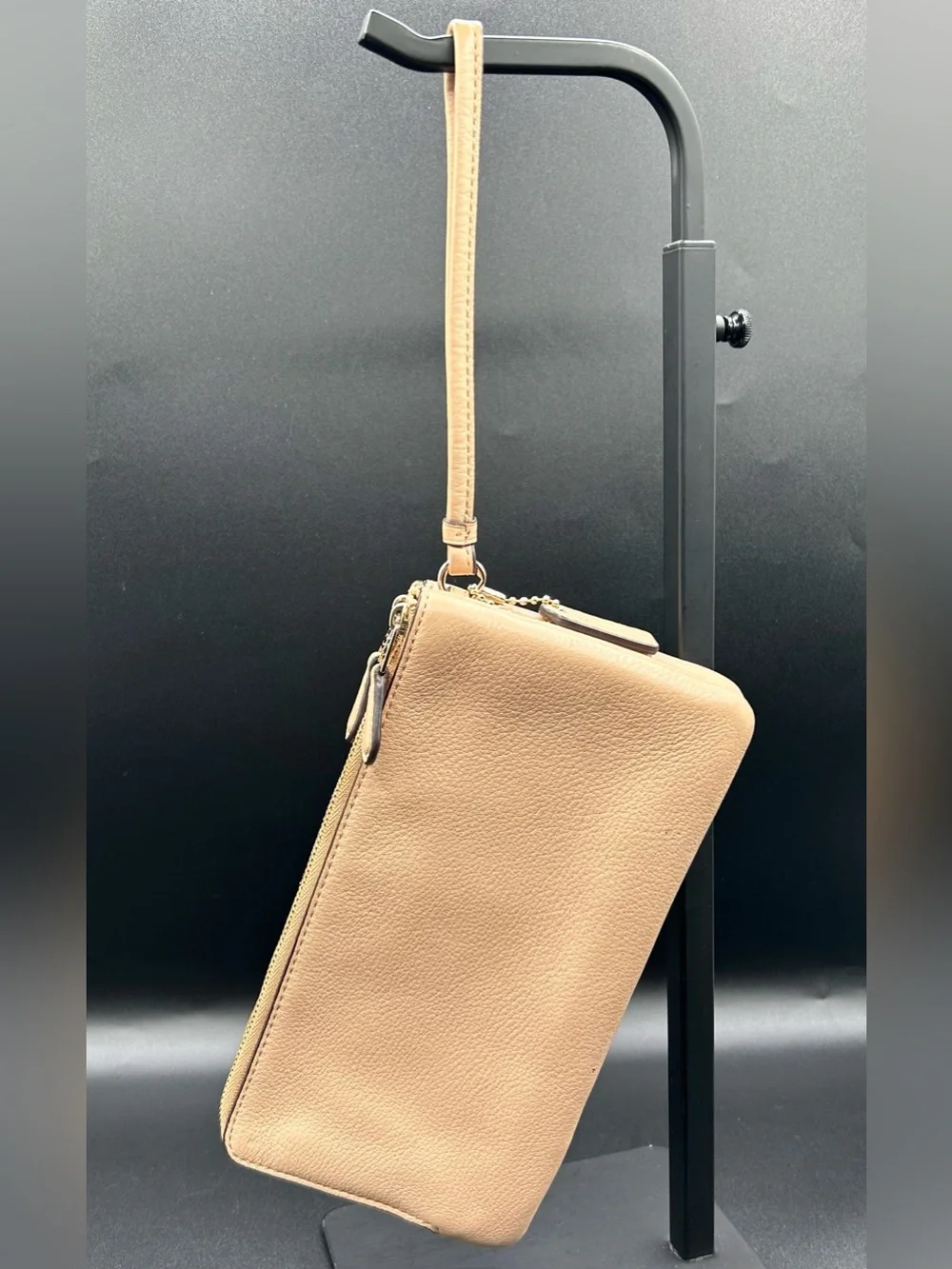 COACH Pebble Leather Double - Zip Wristlet in a neutral tan - Gold-Tone Hardware